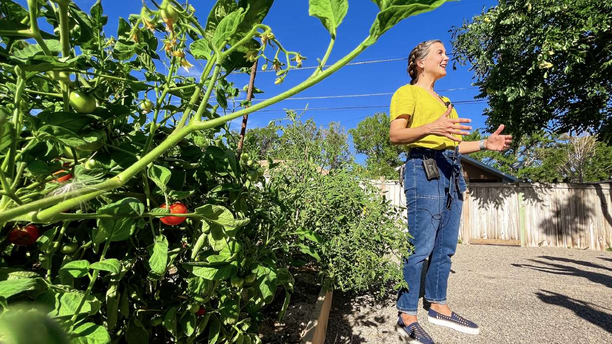 Salt Lake City Mayor Erin Mendenhall speaks to members of the media at the Harrison Community Garden in Salt Lake City Thursday. The garden, the eighth in the city, opened this year.