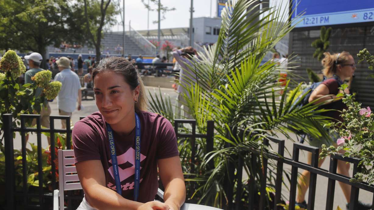 Danka Kovinic, of Montenegro, answers questions during an interview, Friday, Aug. 26, 2022, in New York. Kovinic will play Serena Williams in the first round of the US Open tennis championships on Monday.