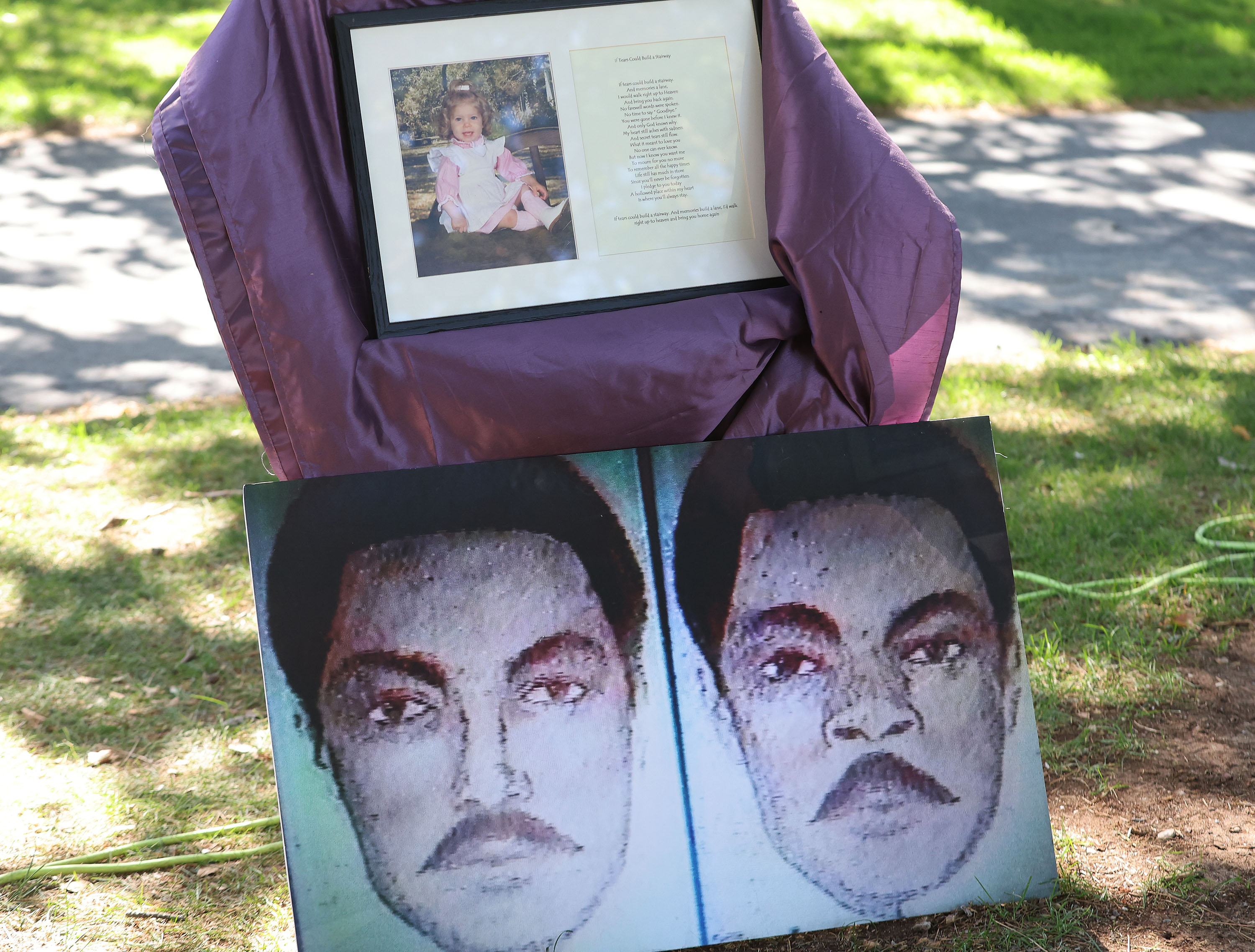 An artist's sketch of the suspect in Rachael Runyan's 1982 murder is displayed along with a photo of Rachael during a Missing and Exploited Children’s Day event at Rachael Runyan Memorial Park in Sunset on Friday.