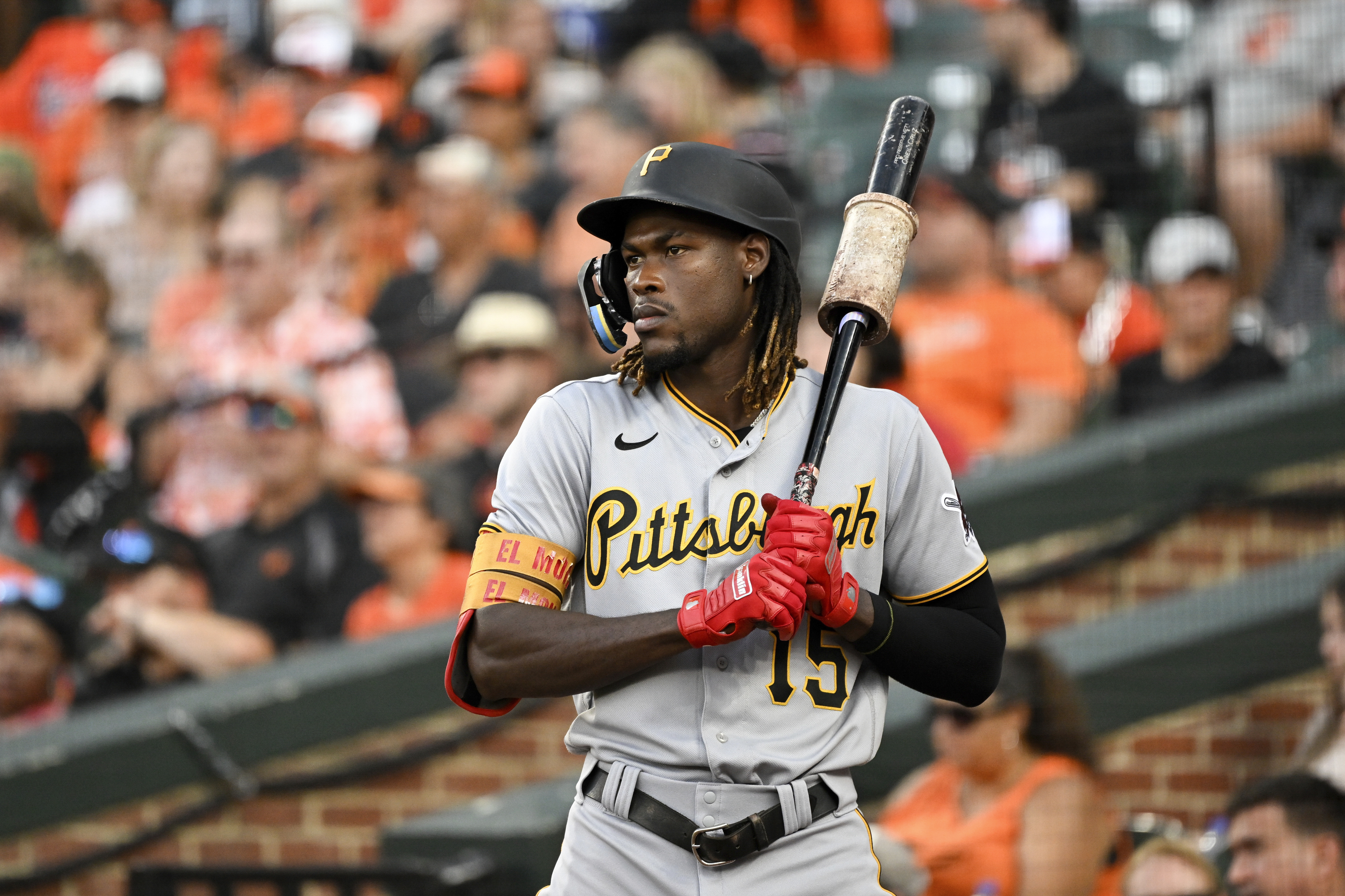 FILE - Pittsburgh Pirates' Oneil Cruz looks on from the on deck circle during a baseball game against the Baltimore Orioles on Aug 6, 2022, in Baltimore. Cruz recorded the hardest-hit ball since Major League Baseball began recording exit velocity on Wednesday, Aug. 24, lashing a single that came off the bat at 122.4 mph in a 14-2 loss to Atlanta. 