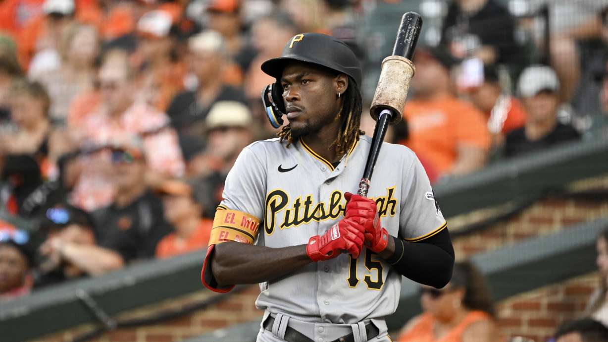 FILE - Pittsburgh Pirates' Oneil Cruz looks on from the on deck circle during a baseball game against the Baltimore Orioles on Aug 6, 2022, in Baltimore. Cruz recorded the hardest-hit ball since Major League Baseball began recording exit velocity on Wednesday, Aug. 24, lashing a single that came off the bat at 122.4 mph in a 14-2 loss to Atlanta.