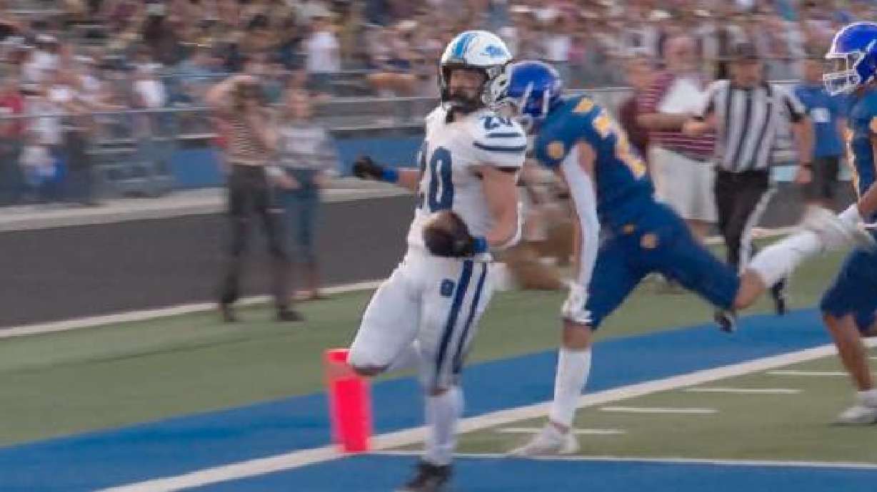 Pleasant Grove running back Jaeden Wright after scoring one of his two touchdowns in the Vikings' 47-0 win over Orem, Friday, Aug. 26, 2022 in Orem. Pleasant Grove is 2-1, doubling its win total from last season.