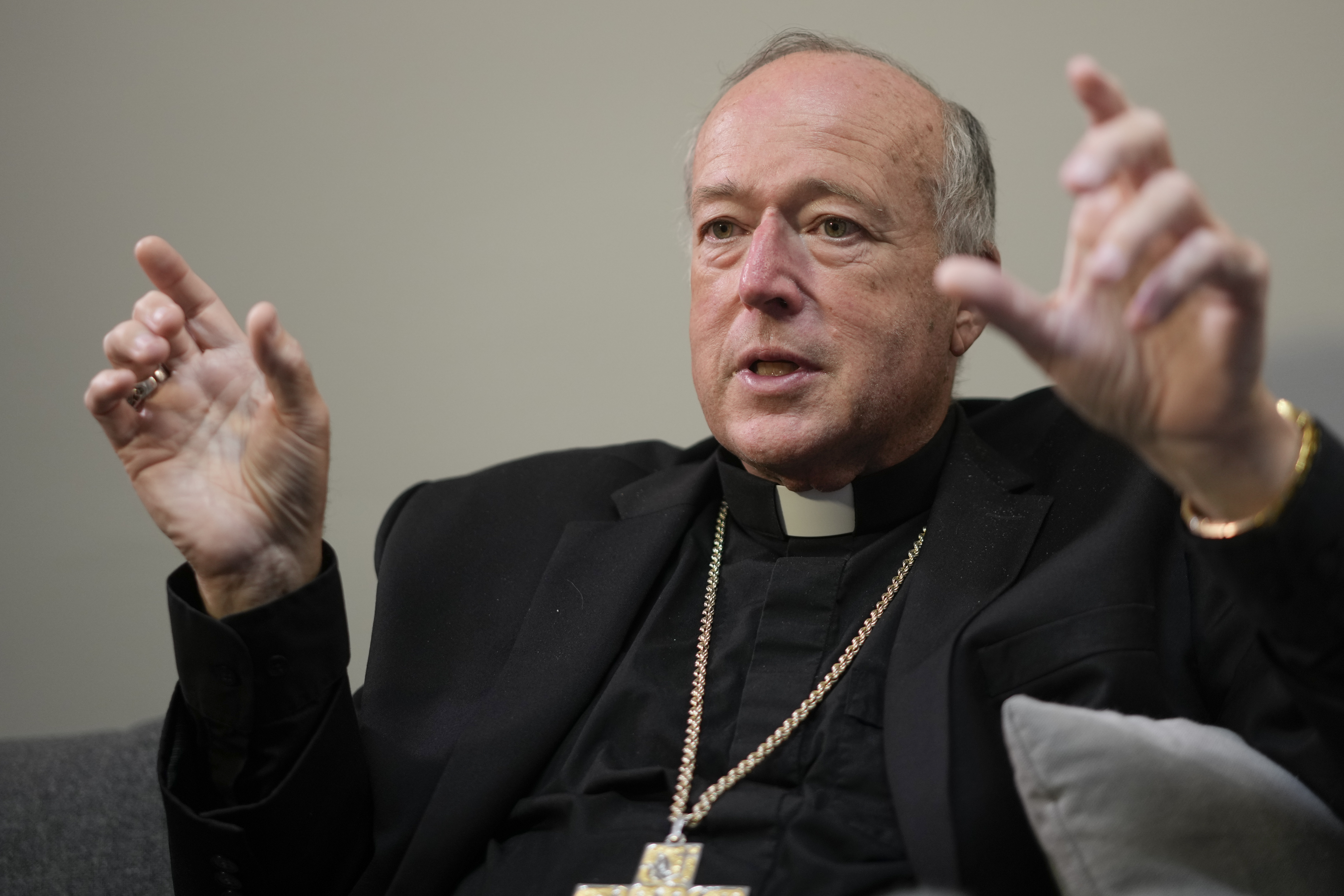 Newly named cardinal Robert Walter McElroy, speaks, during a press conference at the Vatican on Saturday. Pope Francis will formally expand the ranks of churchmen now eligible to vote for his successor in case he dies or resigns.