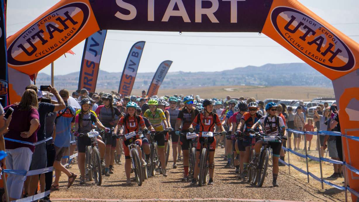 Riders line up for the start of a Utah high school mountain bike race in Vernal in 2019.