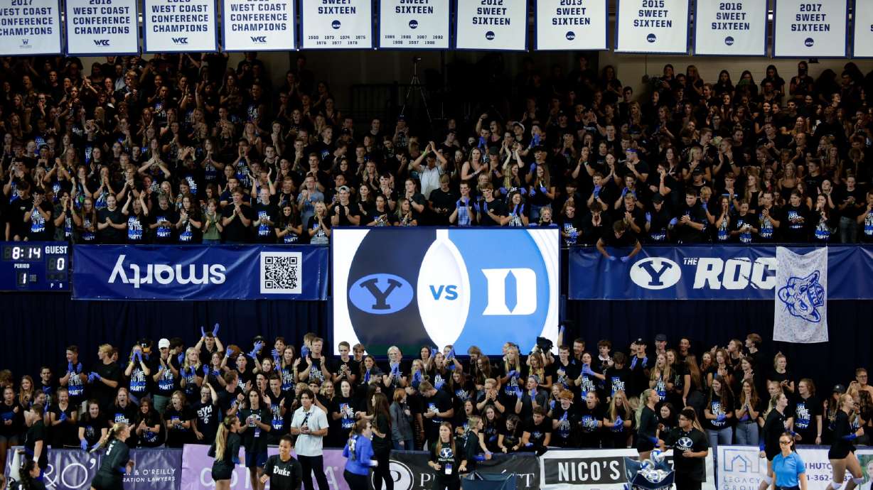 A record-setting crowd of 5,507 watched No. 10 BYU women's volleyball to a 3-1 win over Duke, Friday, Aug. 26, 2022 in the Smith Fieldhouse in Provo.