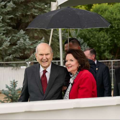 President Russell M. Nelson and his wife, Wendy, arrive at the groundbreaking ceremony of the Ephraim Utah Temple in Ephraim, Sanpete County, on Saturday.