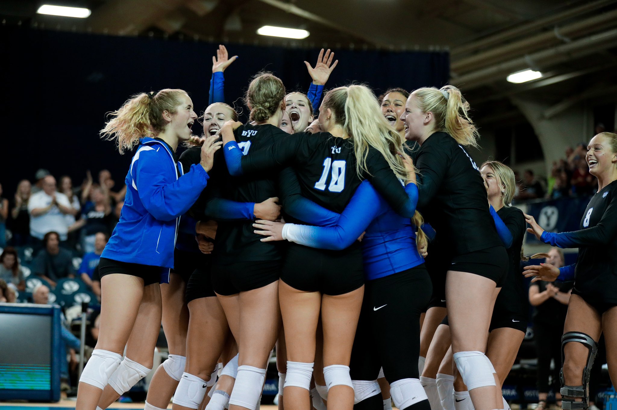 No. 10 BYU women's volleyball celebrates a 3-0 win over Washington State, Saturday, Aug. 27, 2022 at the Smith Fieldhouse in Provo.