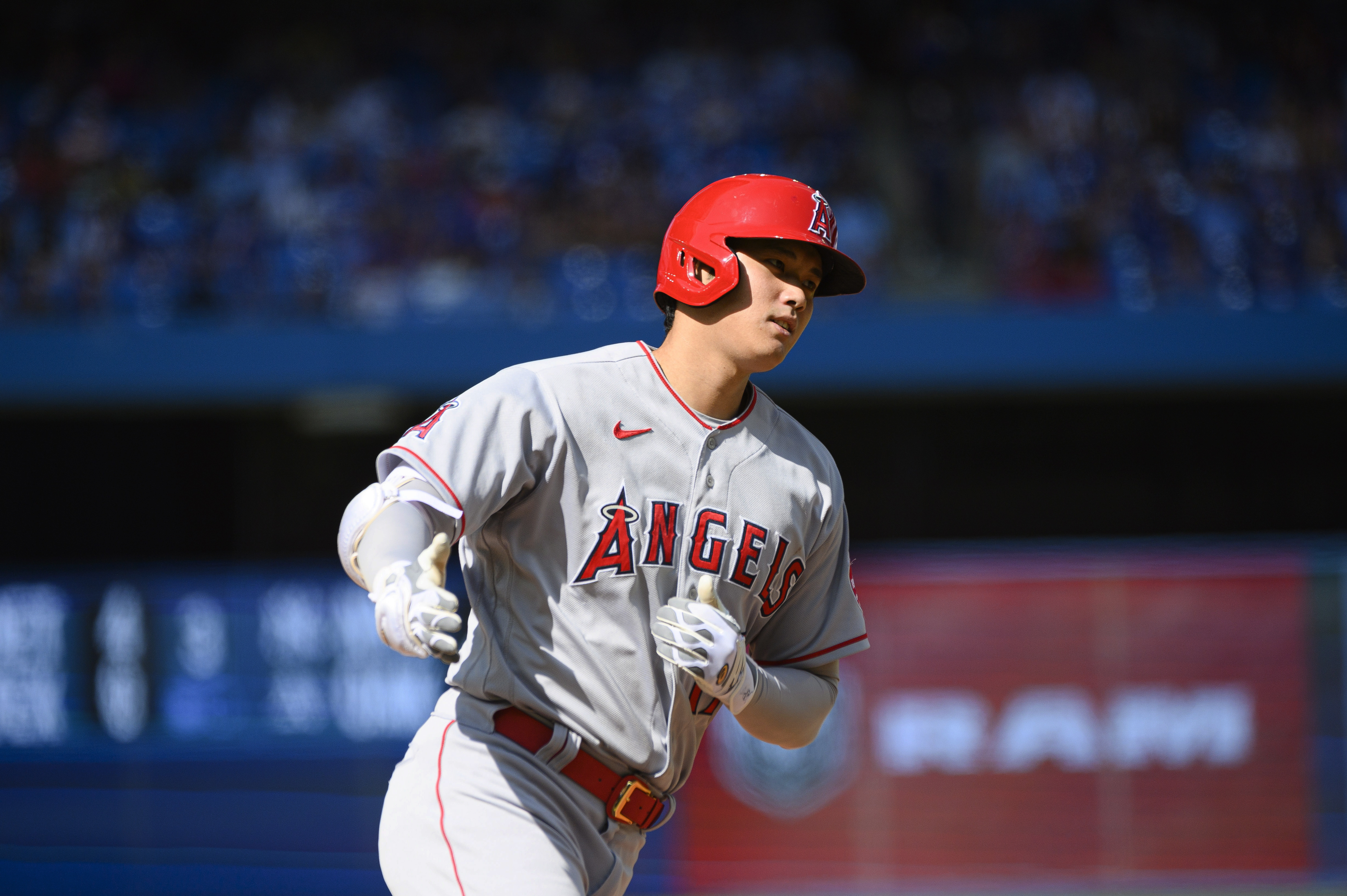 Los Angeles Angels designated hitter Shohei Ohtani (17) rounds the bases after hitting a two-run home run during the seventh inning of a baseball game against the Toronto Blue Jays, in Toronto, Sunday, Aug. 28, 2022.