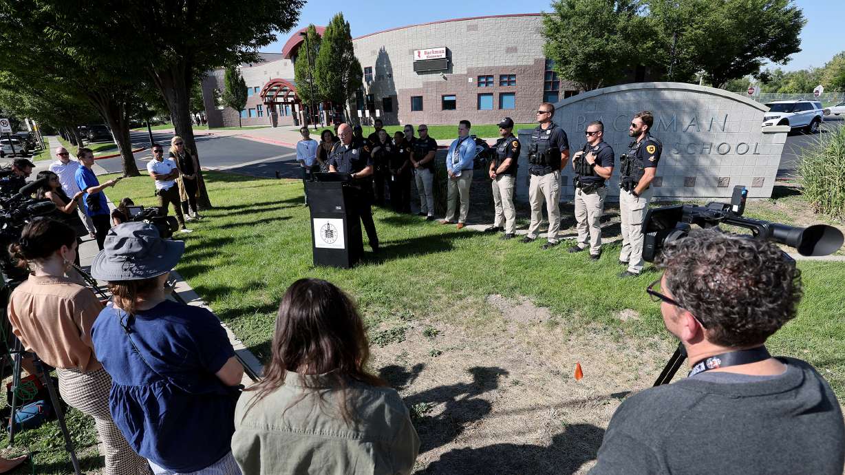 Salt Lake City Police Chief Mike Brown discusses the Salt Lake City Safe Passage Initiative during a press conference at Backman Elementary School in Salt Lake City on Monday.