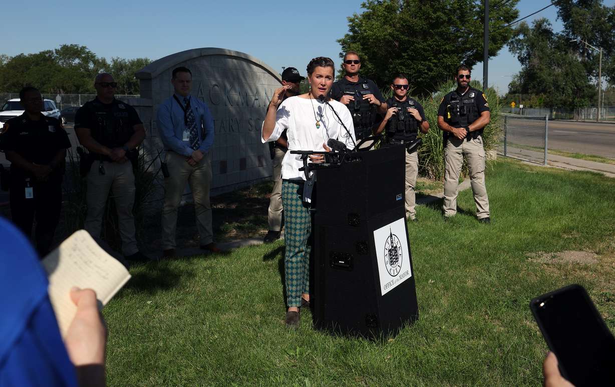 Salt Lake City Mayor Erin Mendenhall announces the Salt Lake City Safe Passage Initiative during a press conference at Backman Elementary School in Salt Lake City on Monday.