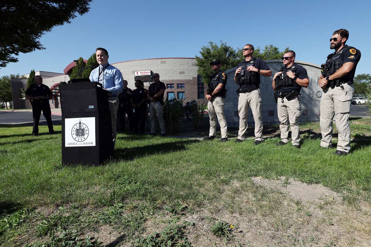 Backman Elementary School Principal Matthew Teitter discusses the Salt Lake City Safe Passage Initiative during a press conference at Backman Elementary School in Salt Lake City on Monday. The Salt Lake City Police Department is partnering with the Salt Lake City School District to enhance police patrols along the routes students take to and from schools at Backman Elementary School, Mary W. Jackson Elementary School and Horizonte Instruction and Training Center.
