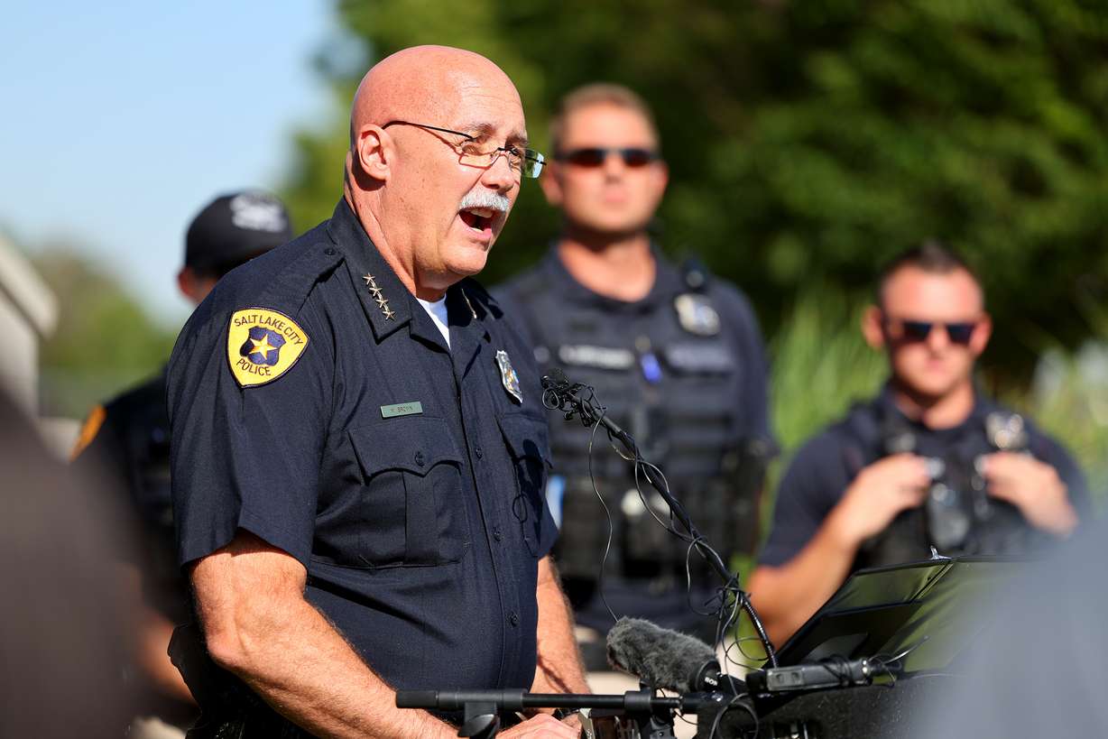 Salt Lake City Police Chief Mike Brown discusses the Salt Lake City Safe Passage Initiative during a press conference at Backman Elementary School in Salt Lake City on Monday. The Salt Lake City Police Department is partnering with the Salt Lake City School District to enhance police patrols along the routes students take to and from schools at Backman Elementary School, Mary W. Jackson Elementary School and Horizonte Instruction and Training Center.