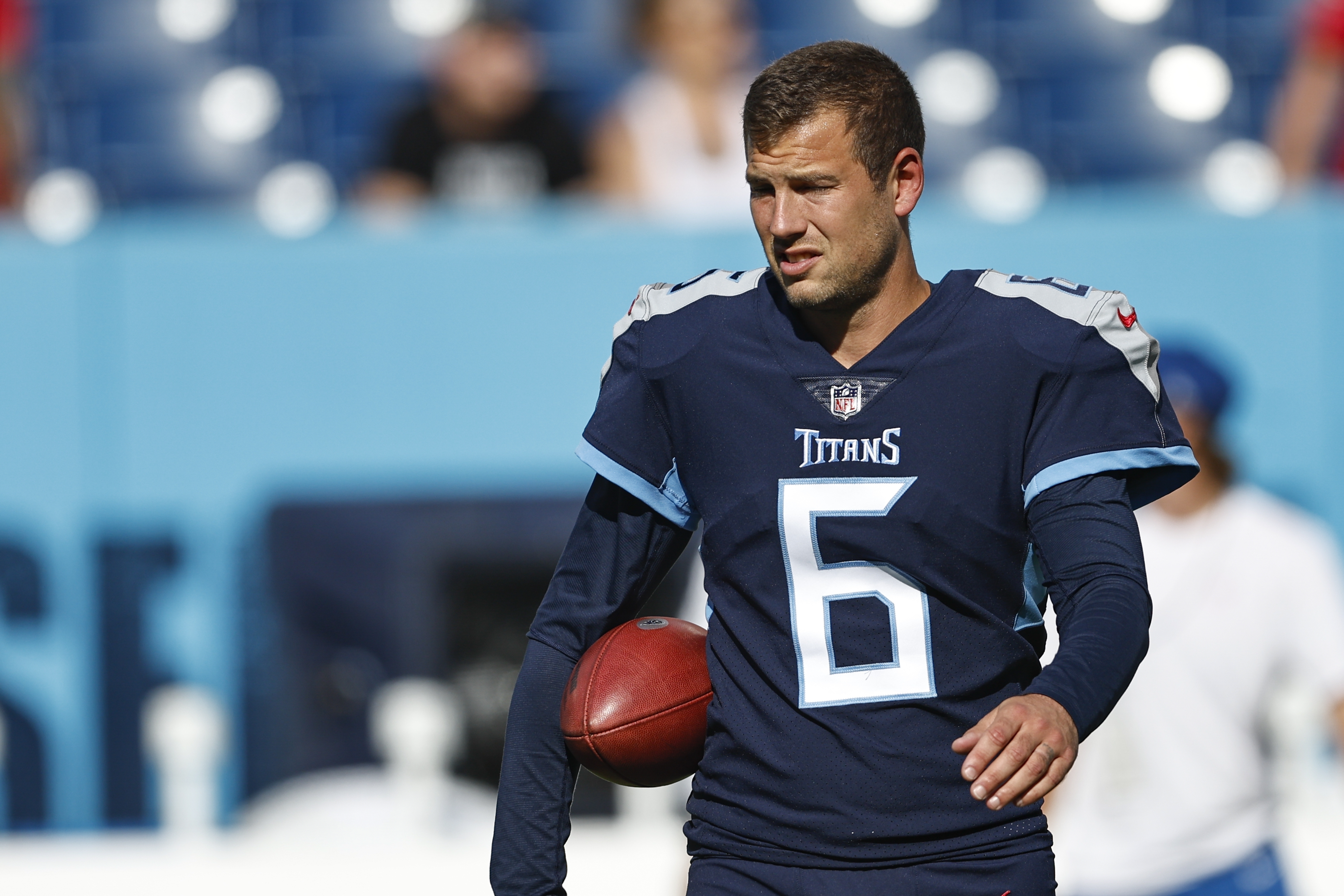 FILE - Tennessee Titans punter Brett Kern (6) is seen before their game against the Tampa Bay Buccaneers, Saturday, Aug. 20, 2022, in Nashville, Tenn. Three-time Pro Bowl punter Kern is Tennessee’s longest-tenured player and needs just four punts to become only the 25th NFL player with 1,000 career punts. Kern may wind up losing his job to an undrafted rookie from Colorado State with one of the strongest legs the veteran has ever seen.