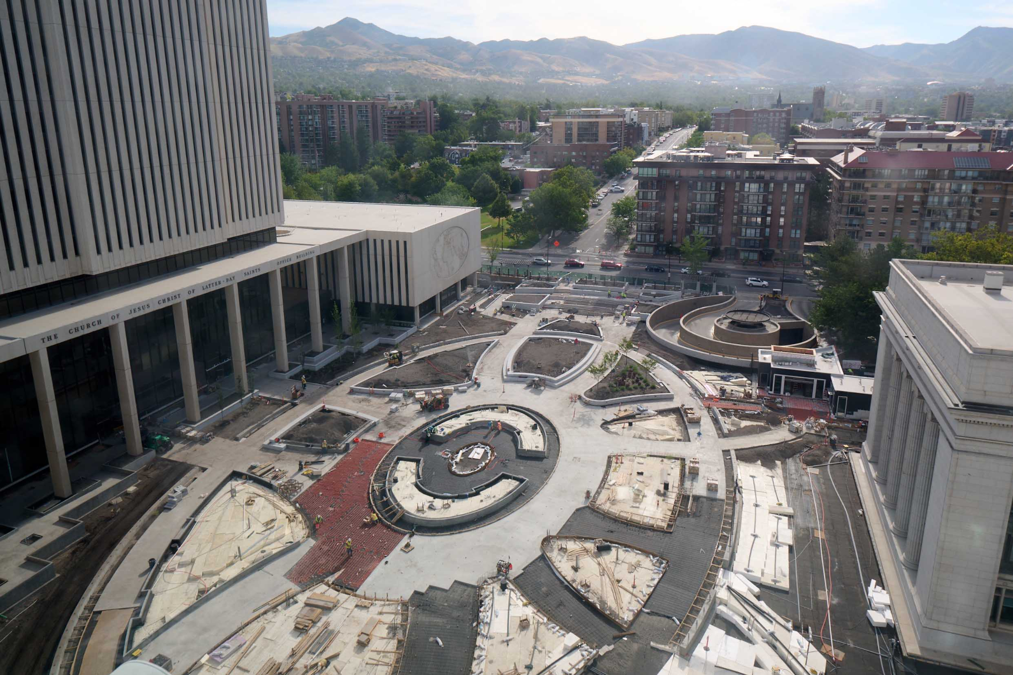An aerial view showing the progress on the remodeling of the plaza outside of the Church Office Building taken in August. When completed the plaza will include new garden areas, walking paths and an international country flag display, according to church officials.