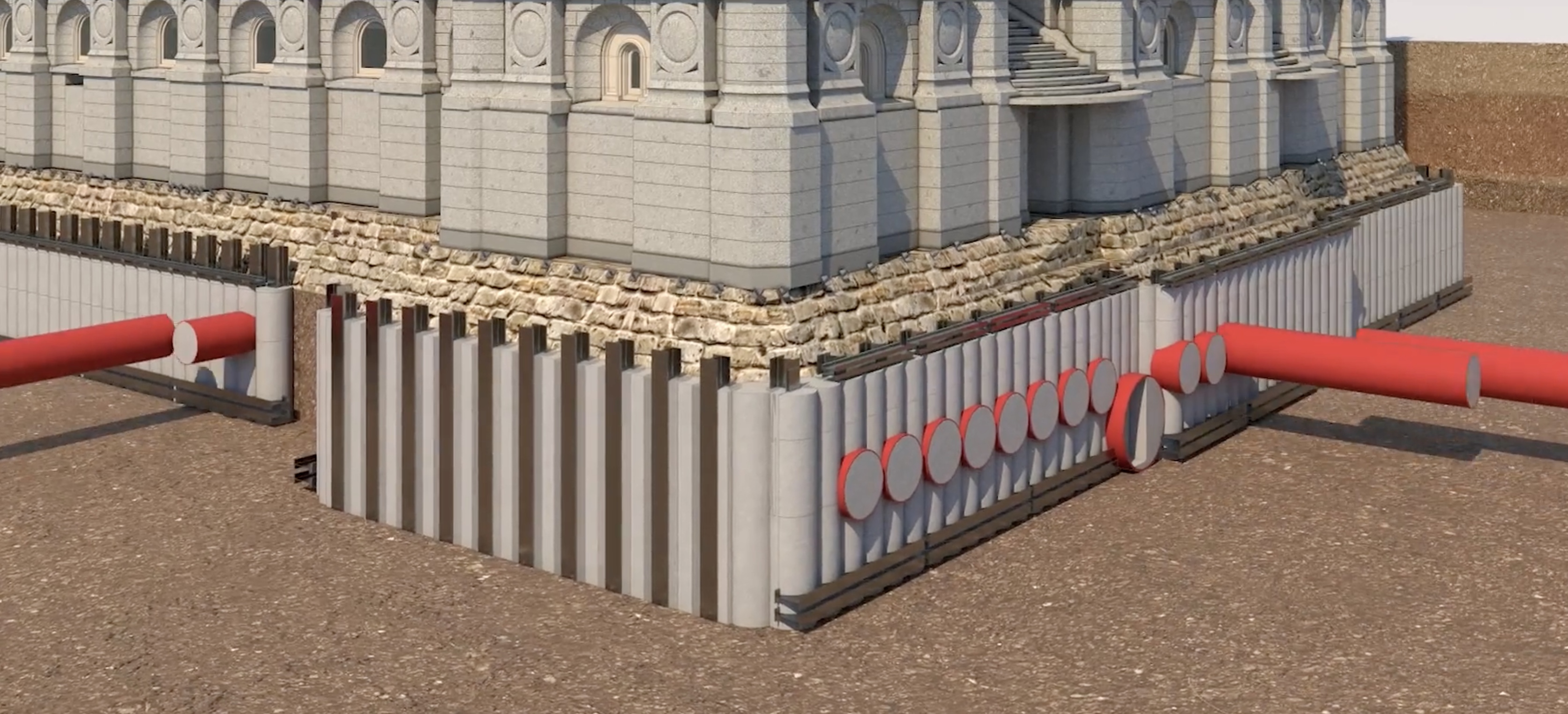 A rendering showing the location of all the jack and bore pipes in relation to the foundation of the Salt Lake Temple.