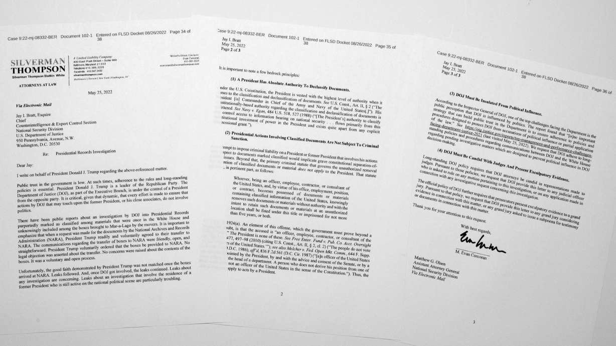 A letter from M. Evan Corcoran, one of former President Donald Trump's attorneys, that was in the affidavit by the FBI in support of obtaining a search warrant for former President Donald Trump's Mar-a-Lago estate is photographed Friday. U.S. Magistrate Judge Bruce Reinhart ordered the Justice Department to make public a redacted version of the affidavit it relied on when federal agents searched Trump's estate to look for classified documents.