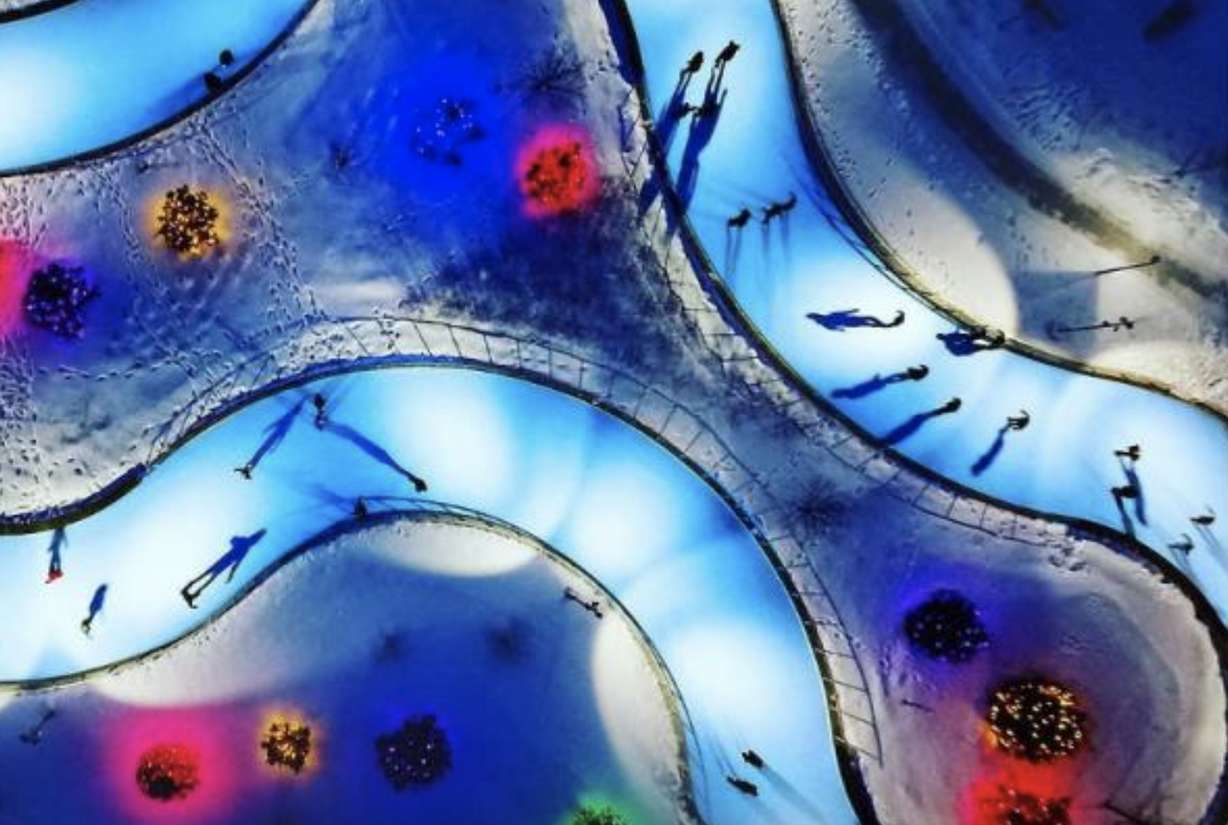 A rendering of a winter skating ribbon included in a new Glendale Regional Park draft master plan. The ribbon, using the path of the old Raging Waters lazy river, would be used for roller skating in the summer.