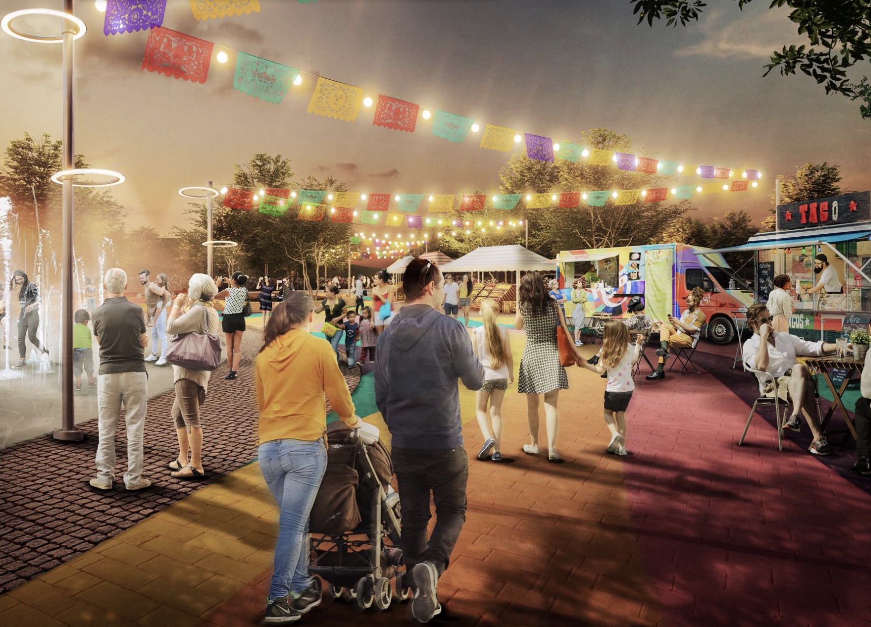 A rendering of a community plaza/promenade at night that is included in a new Glendale Regional Park draft master plan.