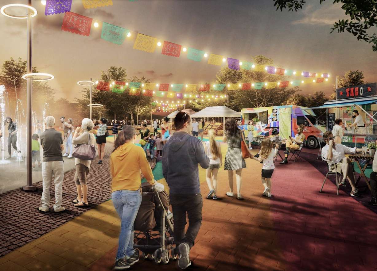 A rendering of a community plaza/promenade at night that is included in a new Glendale Regional Park draft master plan. The park would include a mixture of outdoor recreation and community gathering space.