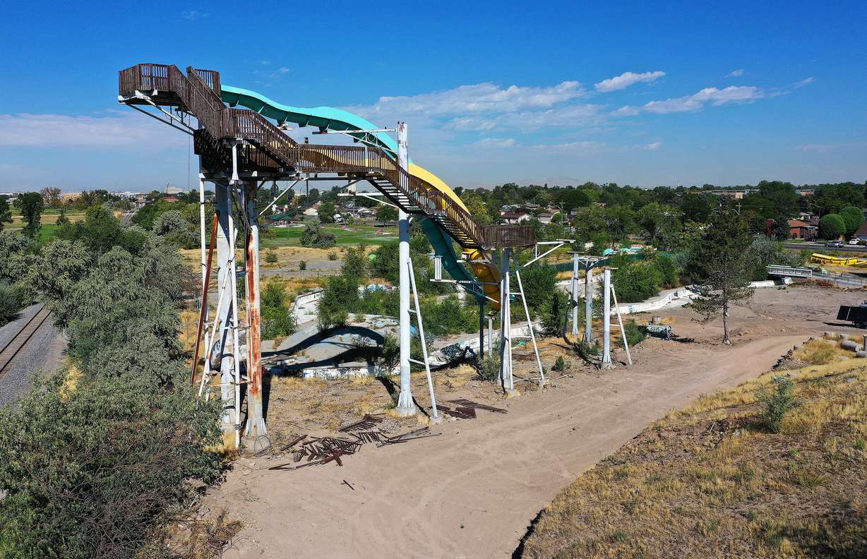 Demolition at the old Raging Water/Seven Peaks water park site in Salt Lake City continues on Tuesday. The 17-acre site is where the new Glendale Regional Park will be located.