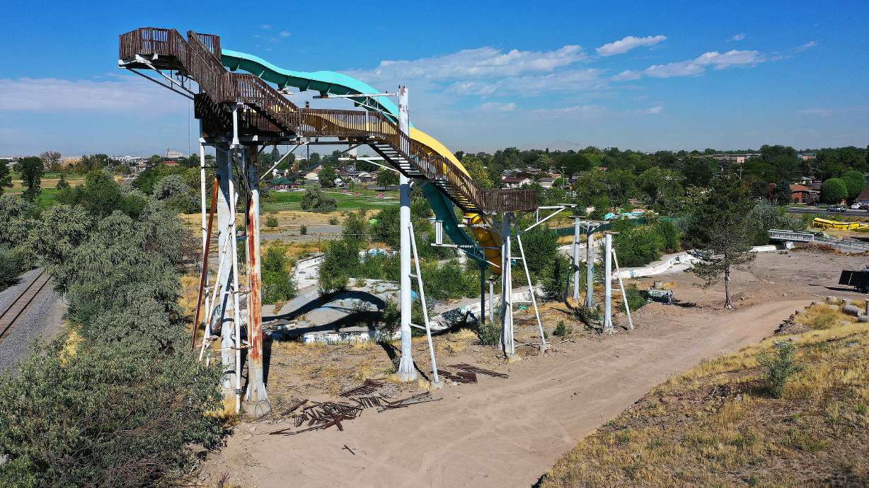 Demolition at the old Raging Water/Seven Peaks water park site in Salt Lake City on Aug. 30. The site will be replaced by the Glendale Regional Park, which is slated to open by April 2024 at the latest.