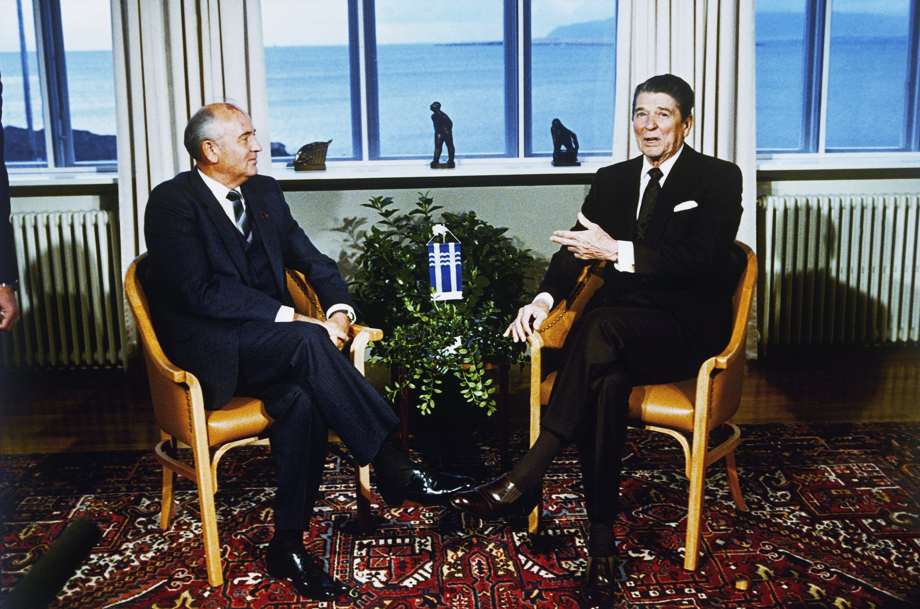 Soviet Leader Mikhail Gorbachev, left, and U.S. President Ronald Reagan talk during their meeting in Reykjavik, Iceland, Oct. 11, 1986.