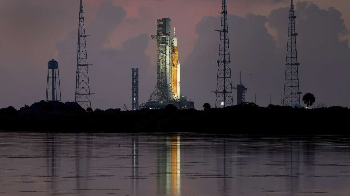 NASA's Artemis I rocket sits on launch pad 39-B at Kennedy Space Center on Aug. 30 in Cape Canaveral, Florida. The uncrewed Artemis I mission will get another attempt at launching on a journey around the moon on Saturday.