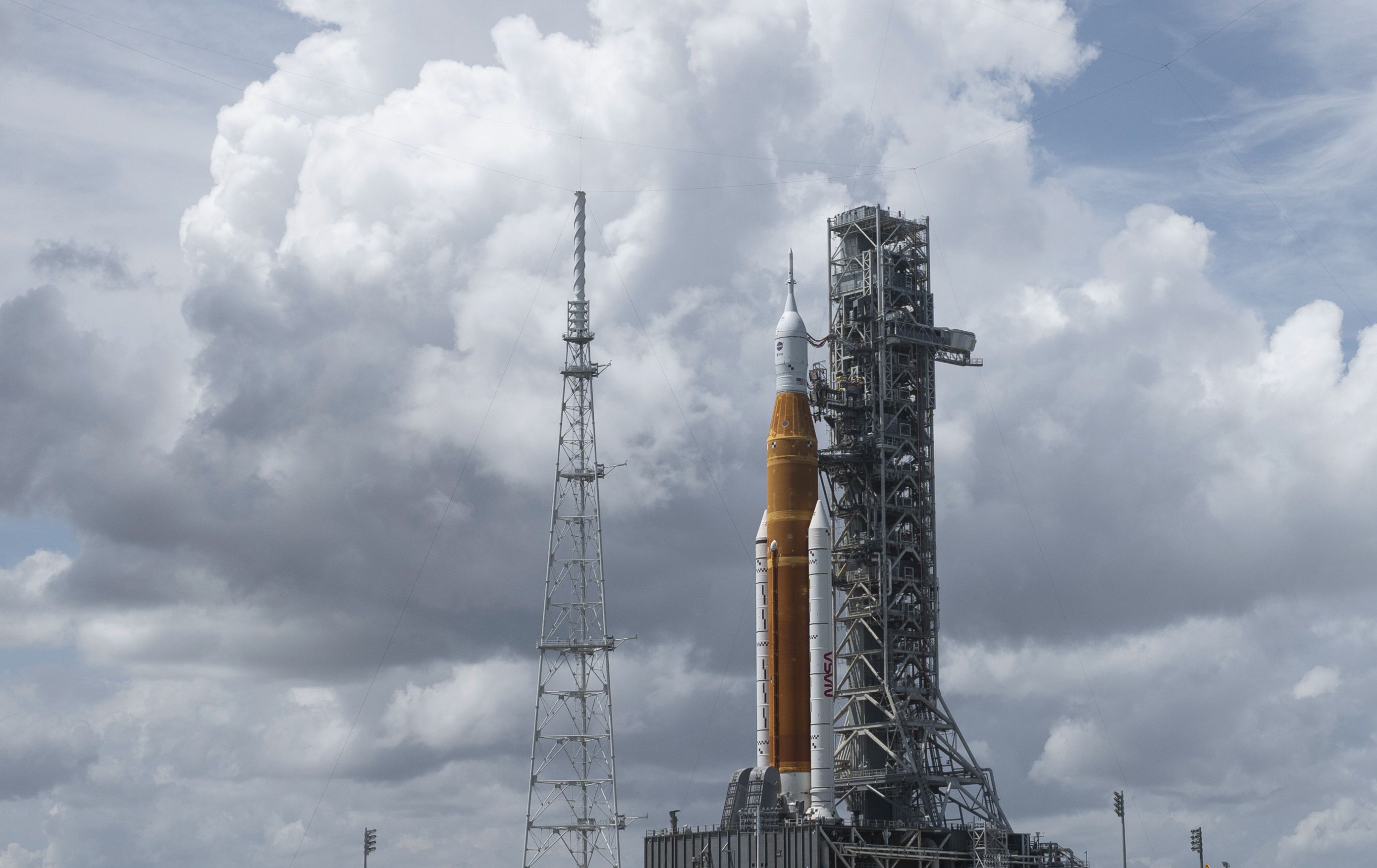 NASA’s Space Launch System rocket with the Orion spacecraft aboard is seen atop the mobile launcher at Launch Pad 39B on Tuesday, at NASA’s Kennedy Space Center in Cape Canaveral, Fla. NASA’s Artemis I flight test is the first integrated test of the agency’s deep space exploration systems.