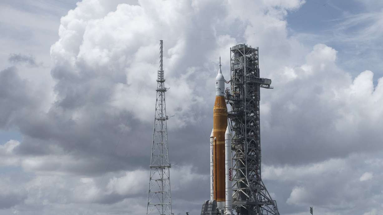 NASA’s Space Launch System rocket with the Orion spacecraft aboard is seen atop the mobile launcher at Launch Pad 39B on Tuesday, at NASA’s Kennedy Space Center in Cape Canaveral, Fla. NASA’s Artemis I flight test is the first integrated test of the agency’s deep space exploration systems.