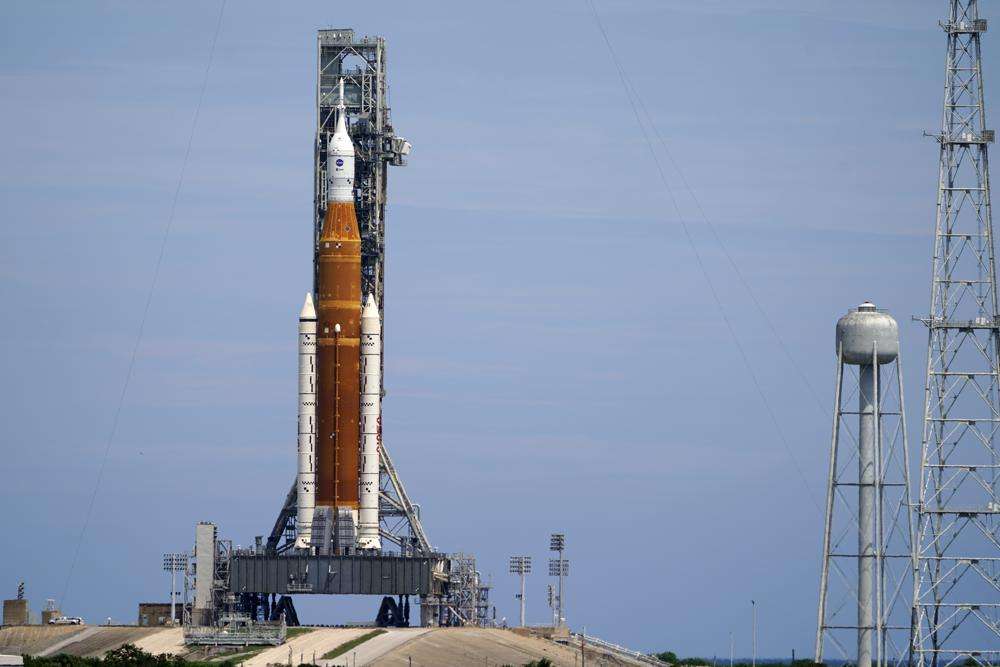 The NASA moon rocket stands on Pad 39B after yesterdays scrub for the Artemis 1 mission to orbit the Moon at the Kennedy Space Center, Tuesday, in Cape Canaveral, Fla. The next launch opportunity is scheduled for Friday.