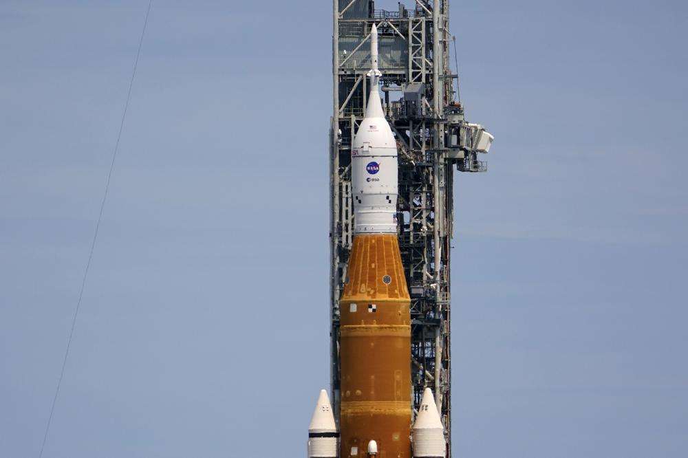 The NASA moon rocket stands on Pad 39B after yesterdays scrub for the Artemis 1 mission to orbit the Moon at the Kennedy Space Center, Tuesday, in Cape Canaveral, Fla. The next launch opportunity is scheduled for Friday.