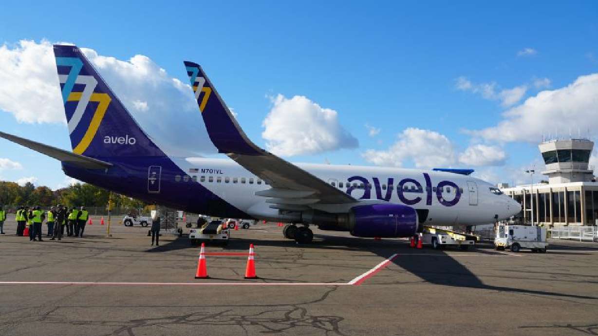 An Avelo Airlines 737-700 plane sits at Tweed New Haven Airport, New Haven, Conn. A spokesman for the airline said there still are plans for it to expand to St. George. But when those plans take off is still in the air.