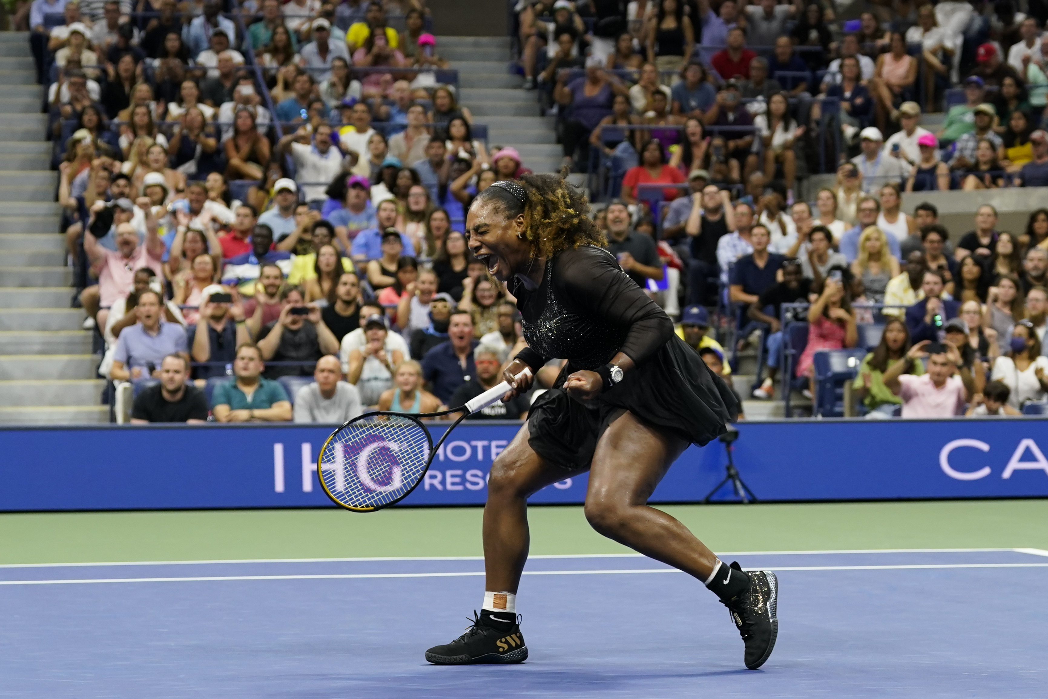 Serena Williams, of the United States, reacts during the first round of the US Open tennis championships against Danka Kovinic, of Montenegro, Monday, Aug. 29, 2022, in New York. 