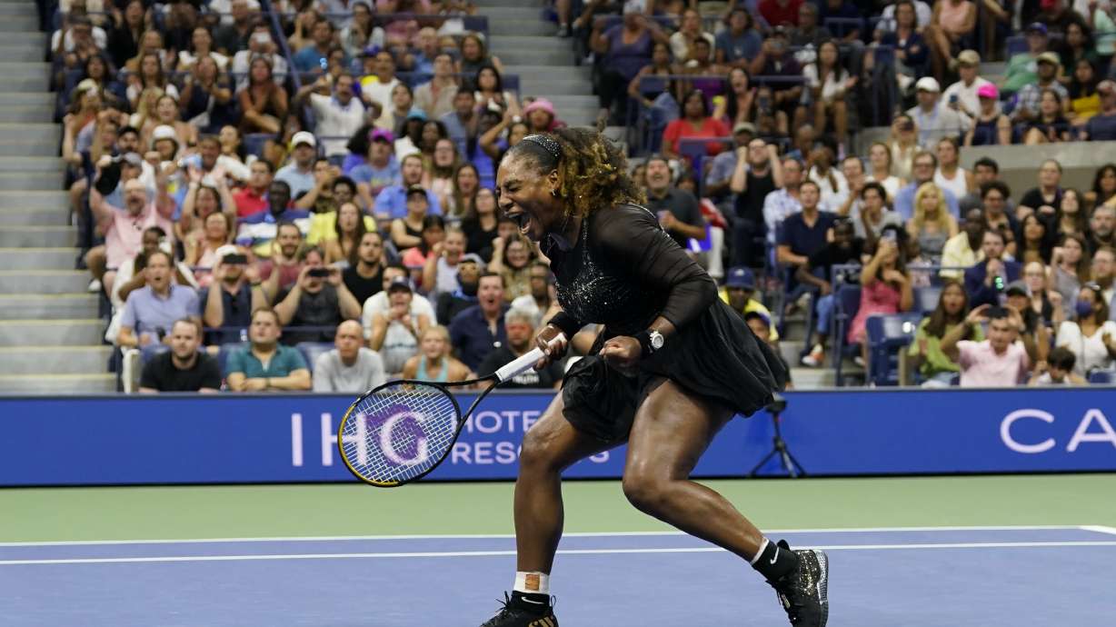 Serena Williams, of the United States, reacts during the first round of the US Open tennis championships against Danka Kovinic, of Montenegro, Monday, Aug. 29, 2022, in New York.