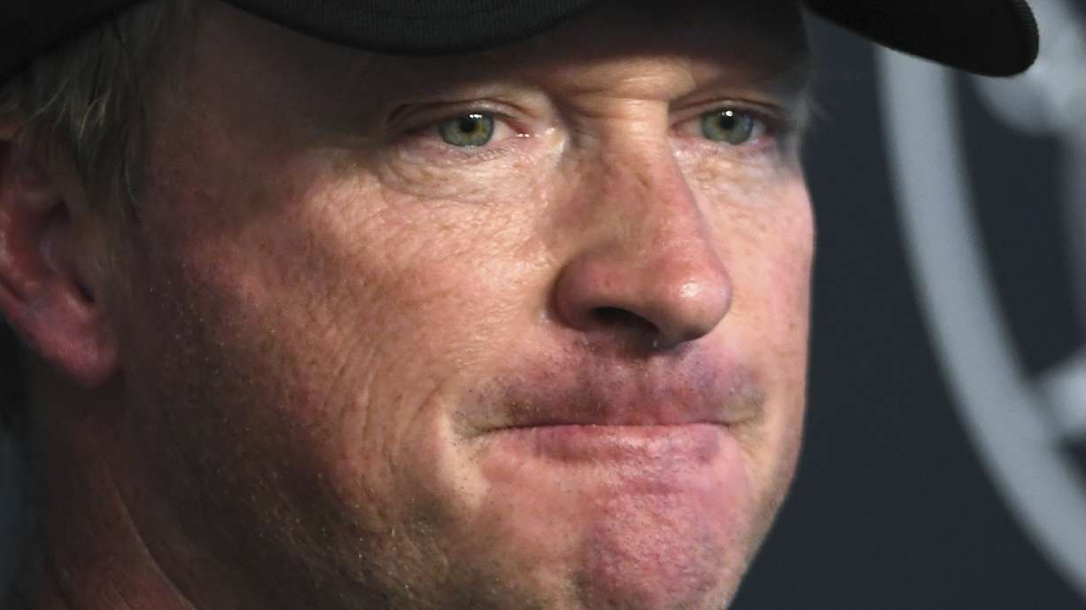 FILE - Las Vegas Raiders head coach Jon Gruden speaks to the media after an NFL football practice in Henderson, Nev., Saturday, July 31, 2021, file photo. Former Raiders coach Jon Gruden says he is “ashamed” about his old offensive emails that cost him his job and hopes to get another chance in football. Gruden spoke publicly Tuesday, Aug. 30 about the affair at the Little Rock Touchdown Club for the first time since he resigned as coach of the Raiders last October.