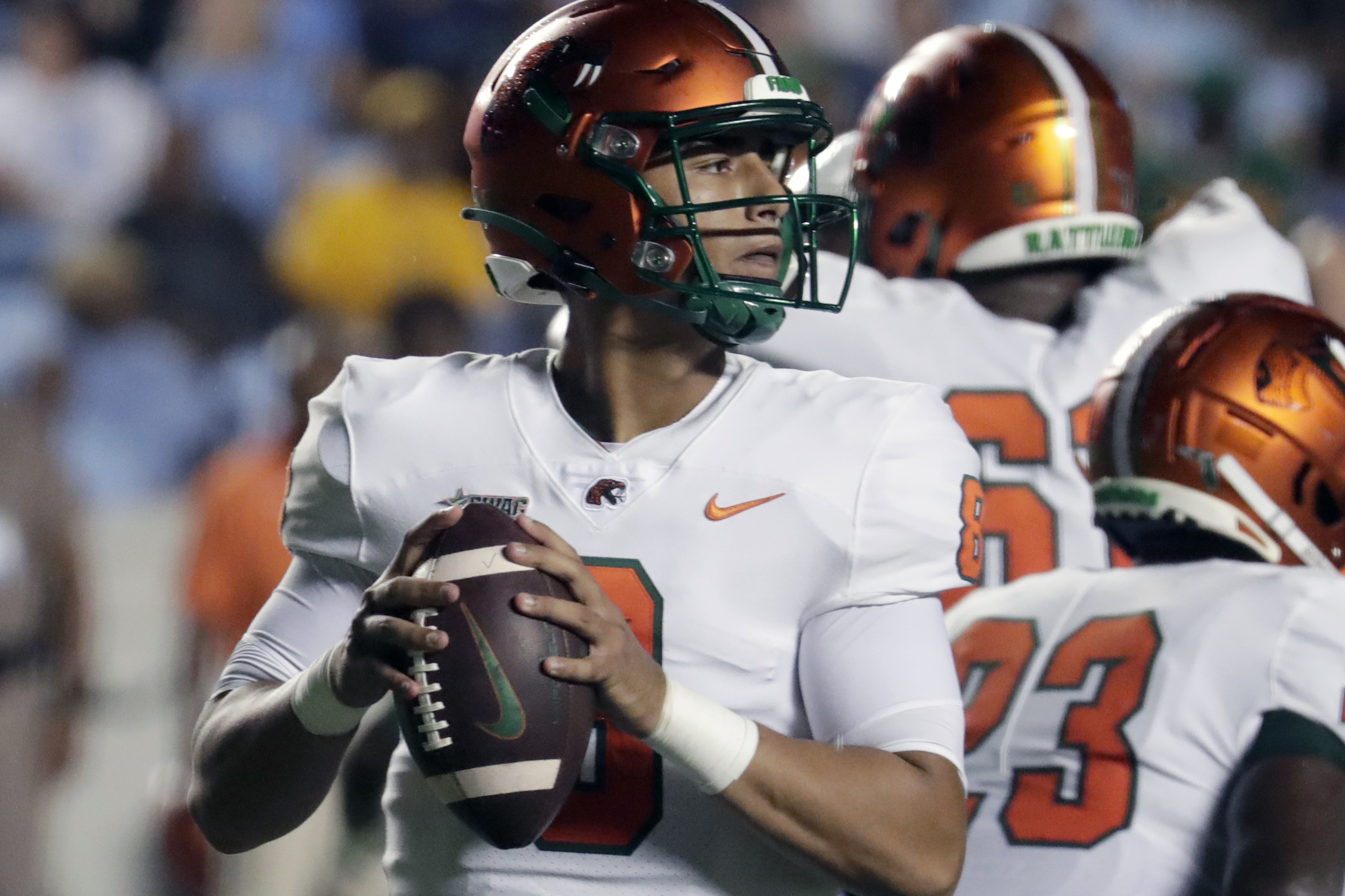 Florida A&M quarterback Jeremy Moussa looks to pass against North Carolina during the first half of an NCAA college football game in Chapel Hill, N.C., Saturday, Aug. 27, 2022. 