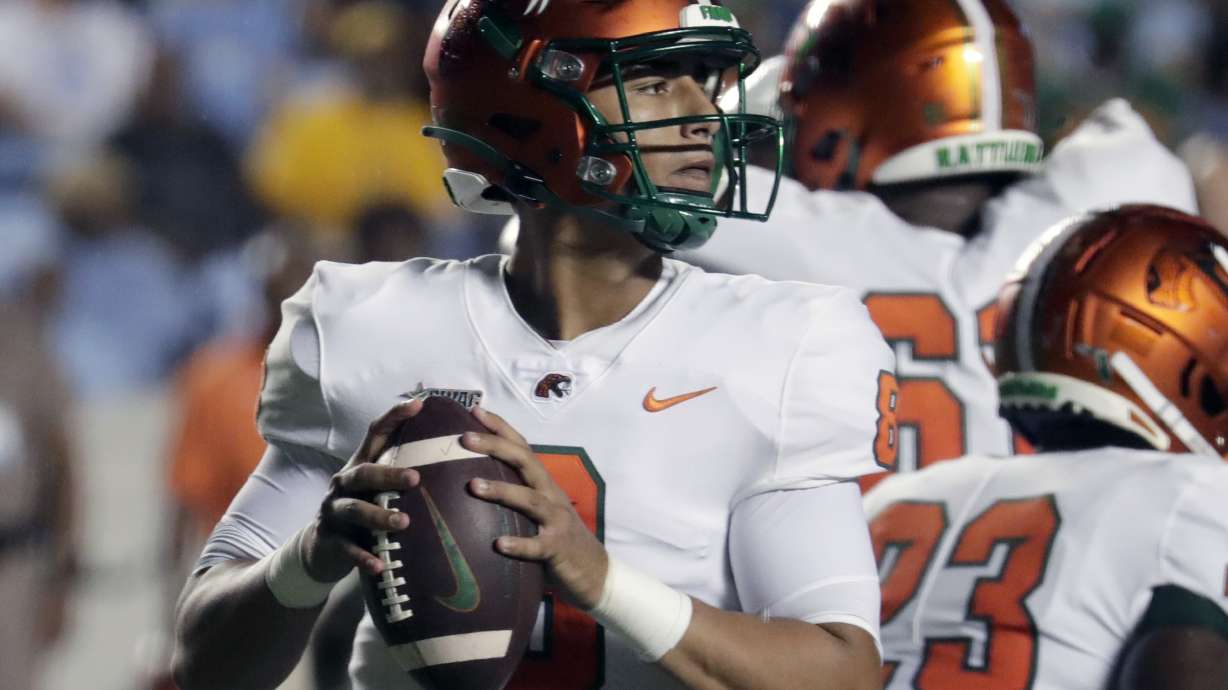 Florida A&M quarterback Jeremy Moussa looks to pass against North Carolina during the first half of an NCAA college football game in Chapel Hill, N.C., Saturday, Aug. 27, 2022.