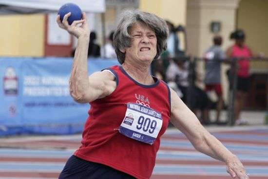 Jane Kaiser of Michigan, competes in the shot put during the National Senior Games, May 16 in Miramar, Fla.