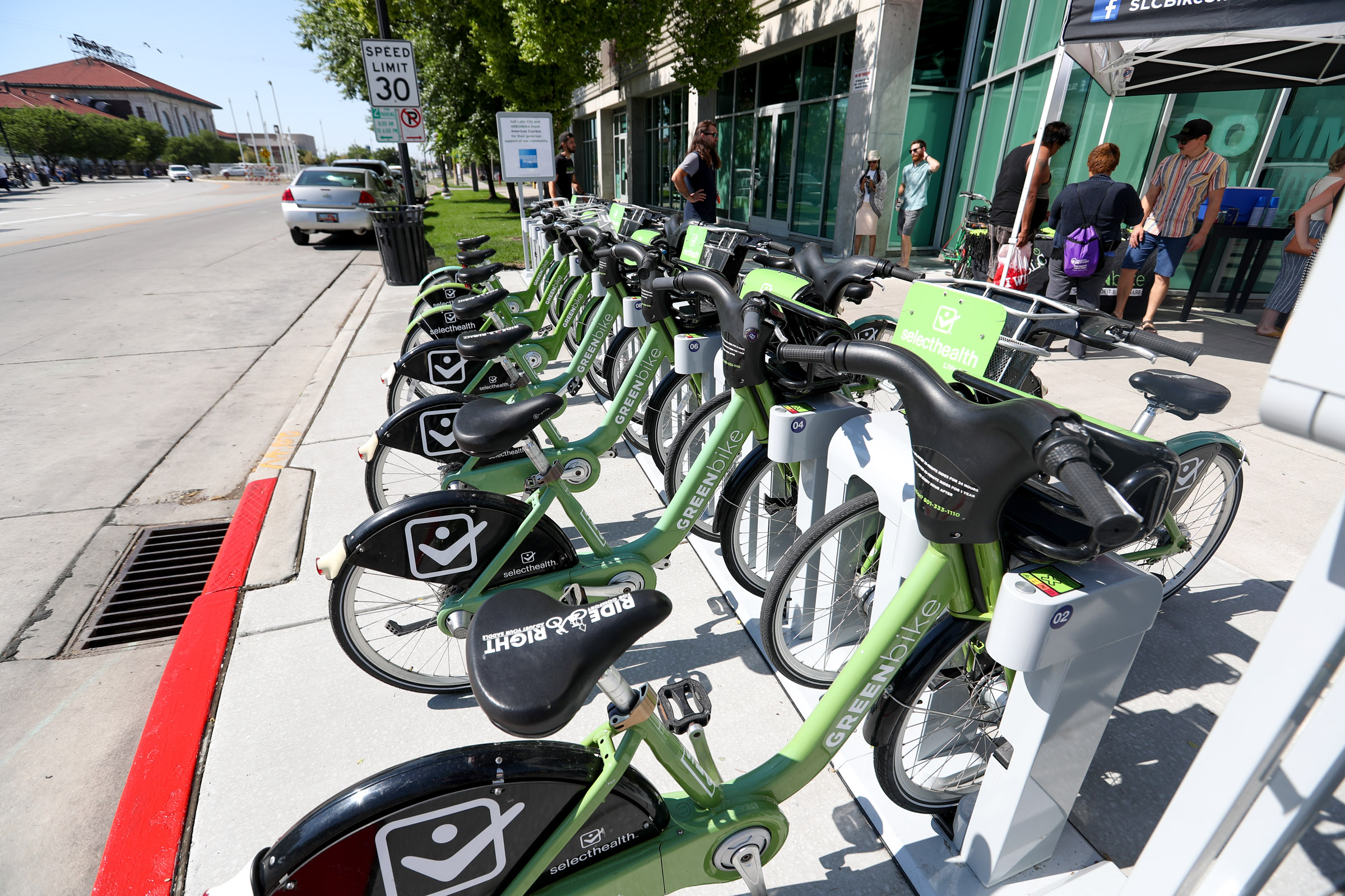 GREENbikes are pictured at a new station at the Artspace Bridge Projects, 230 S. 500 West, in Salt Lake City on Tuesday, July 10, 2018. The electric bike services will be free Thursday and Friday.