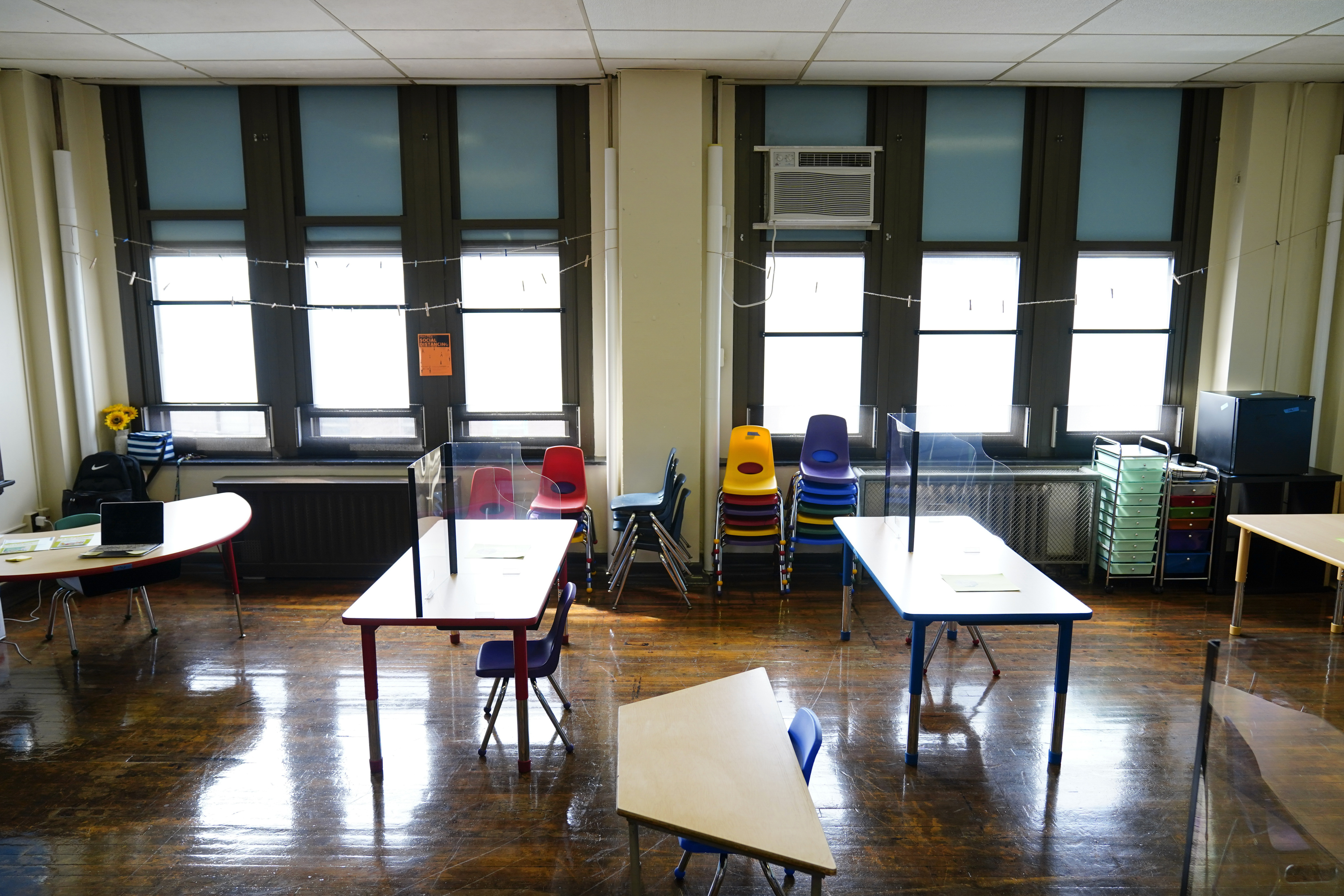 Desks are spaced apart ahead of planned in-person learning at an elementary school on March 19, 2021, in Philadelphia. Pandemic school disruptions resulted in the largest drop in reading achievement in 30 years, according to newly released national test scores on Thursday.