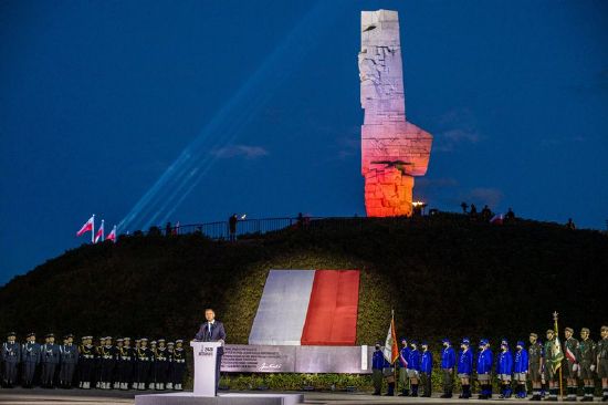 Polish President Andrzej Duda delivers a speech during a commemorative ceremony to mark the 81st anniversary of the outbreak of World War Two at Westerplatte Memorial in Gdansk, Poland September 1, 2020. Poland is seeking reparations from Germany due to World War II atrocities.