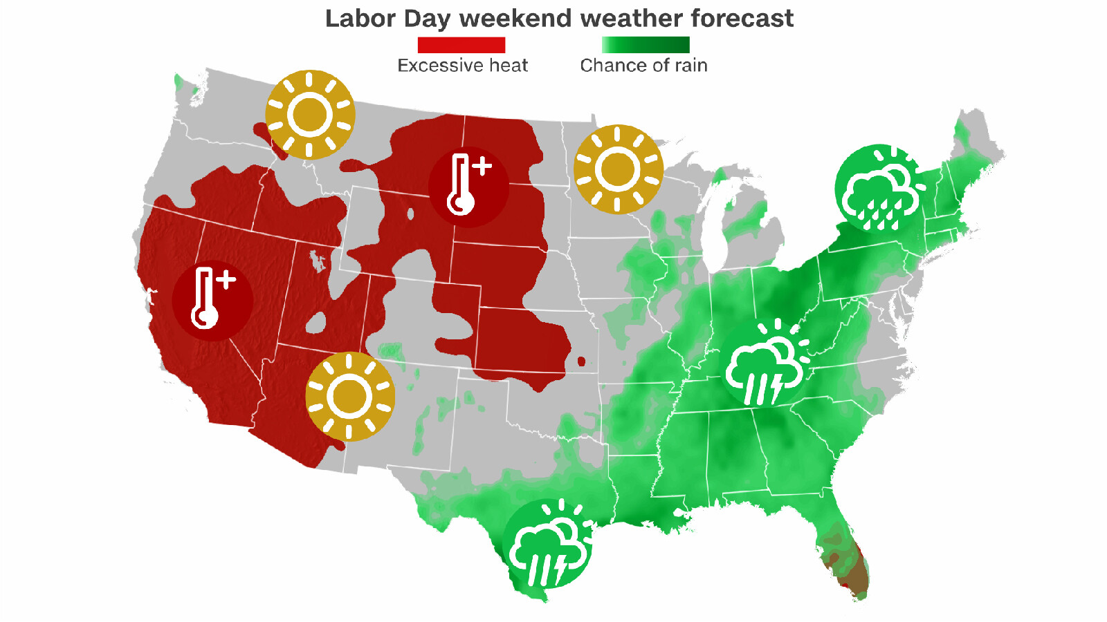 From California to Wisconsin, Labor Day temperatures will be 10 to 30 degrees above normal.