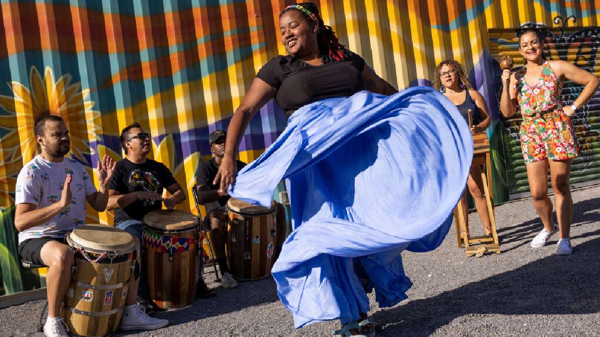 Members of the band Bomba Marilé, which plays Afro-Puerto Rican bomba music, pose for a photo before an evening performance at Tracy Aviary's Jordan River Nature Center in South Salt Lake on Aug. 26. The band members are, from left to right, Omar Gonzalez, Isaias Alavez Martínez, Zeke Southern, Liliana Rodríguez, Melanie Espinal and Miriam Padilla.