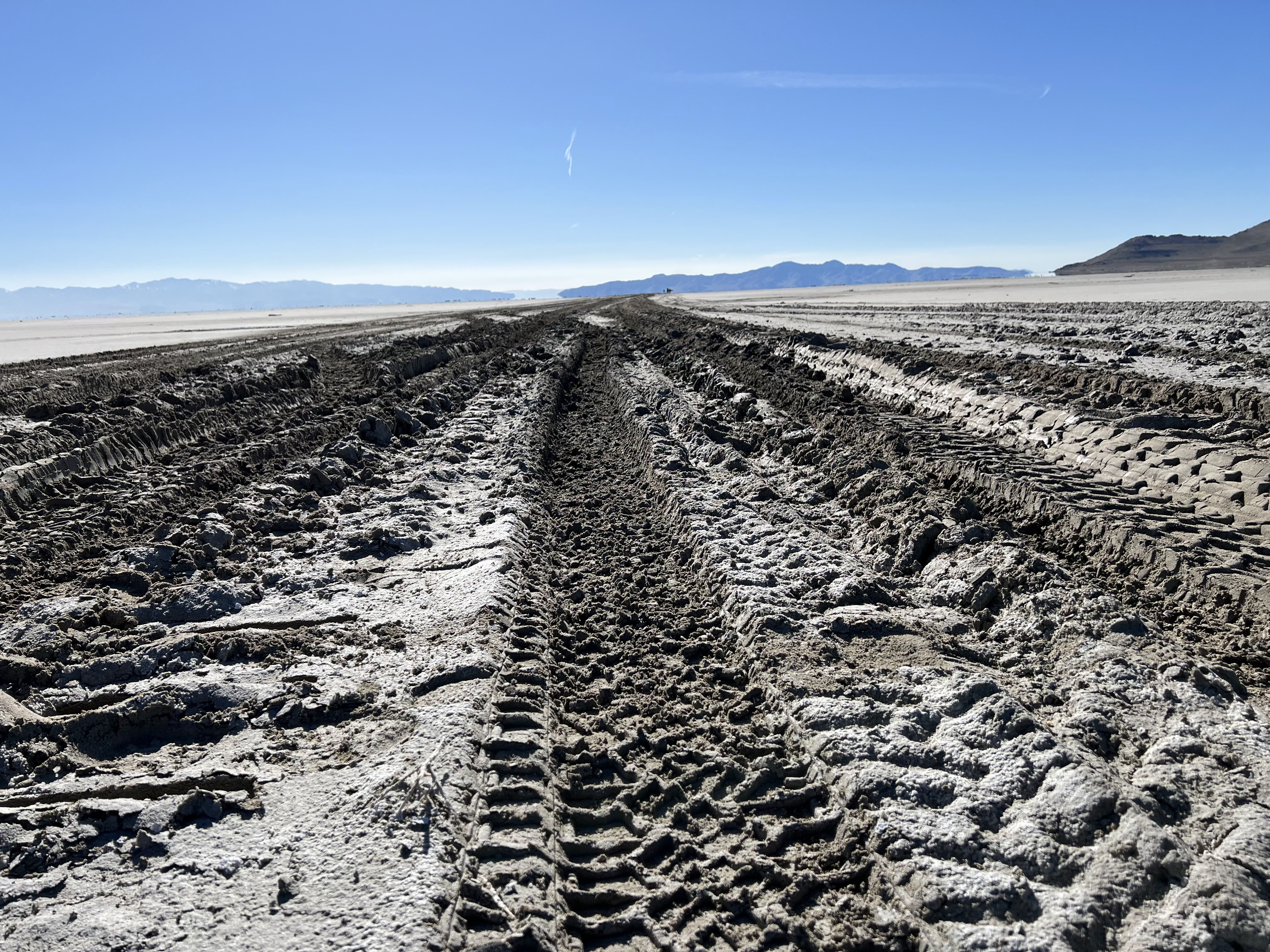 Tire tracks from a vehicle illegally riding on exposed Great Salt Lake lakebed. Utah land managers say they are seeing a rise in illegal riding on the lakebed.
