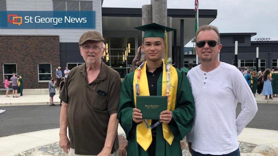 Left to right, Raymond Gladman stands next to his grandson Dylan at his high school graduation, along with his son Dean Gladman, Bellingham, Wash., circa June 2021.