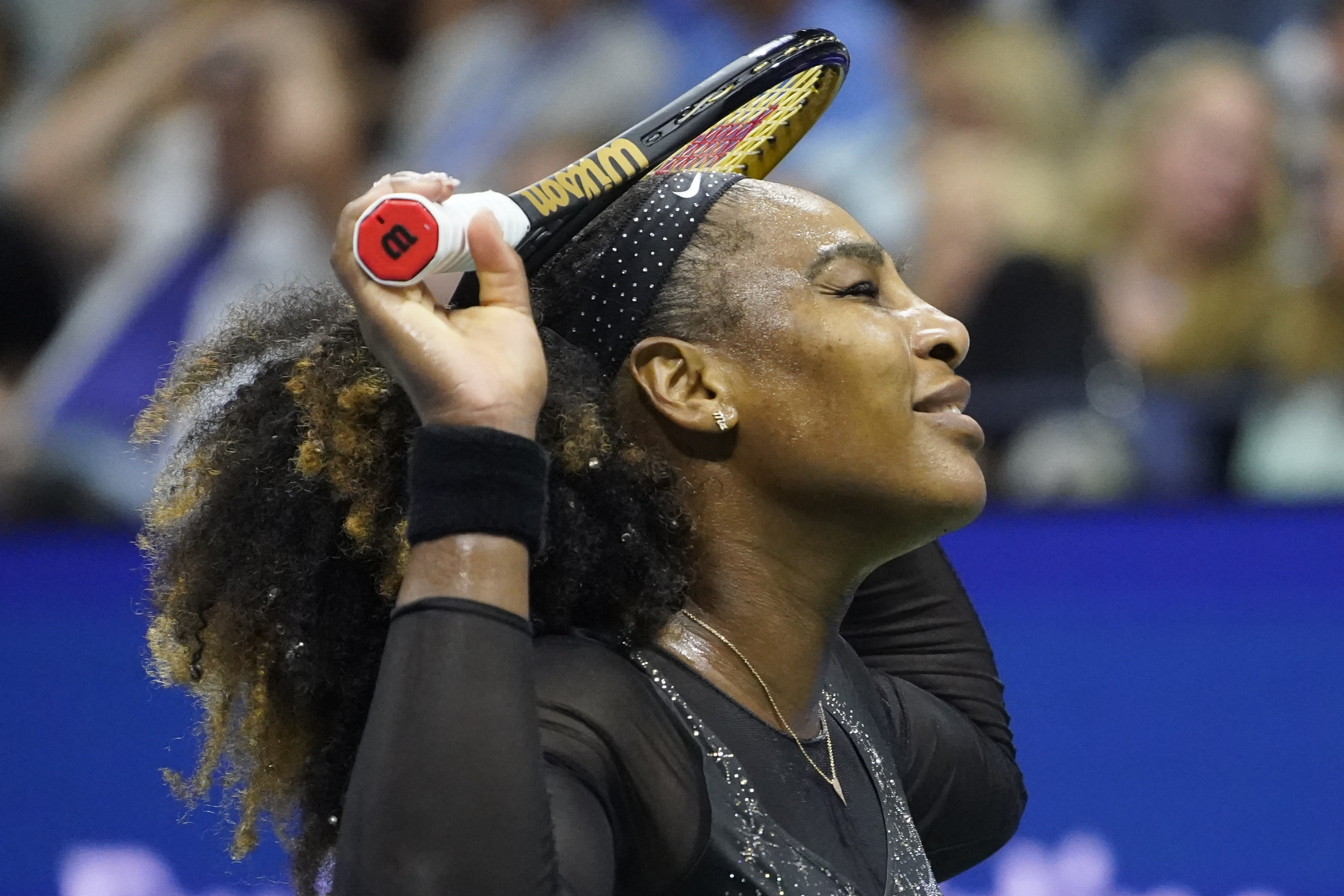 Serena Williams, of the United States, reacts during a match against Ajla Tomljanovic, of Australia, during the third round of the U.S. Open tennis championships, Friday, Sept. 2, 2022, in New York. 