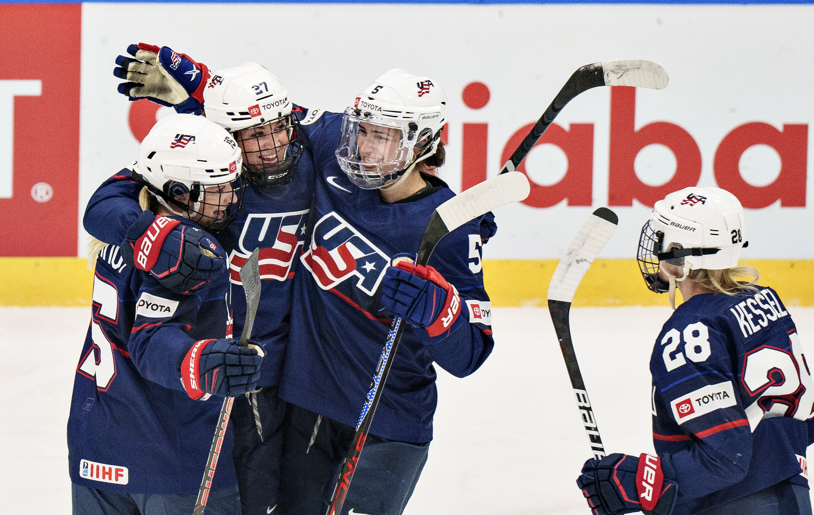 Taylor Heise of USA celebrates after scoring during The IIHF World Championship Woman's ice hockey semi-finals match between USA and Czech Republic in Herning, Denmark, Saturday, Sept. 3, 2022. 
