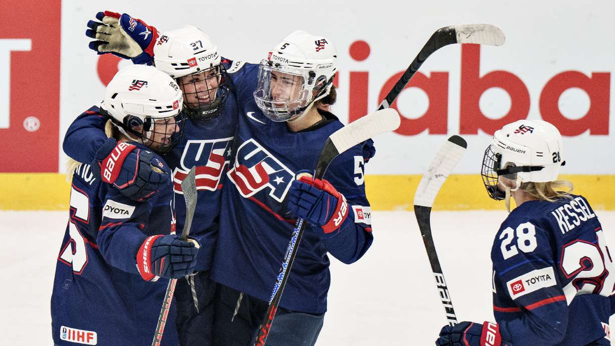 Taylor Heise of USA celebrates after scoring during The IIHF World Championship Woman's ice hockey semi-finals match between USA and Czech Republic in Herning, Denmark, Saturday, Sept. 3, 2022.