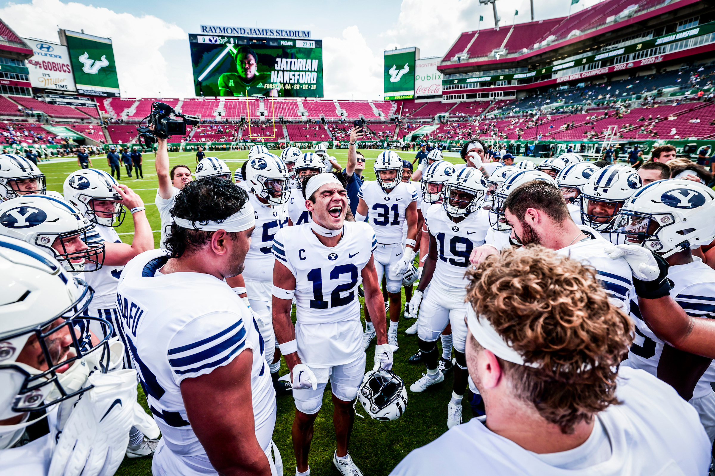 BYU wide receiver Puka Nacua screams with emotion before the Cougars' season opener at South Florida, Saturday, Sept. 3, 2022 in Tampa, Florida.