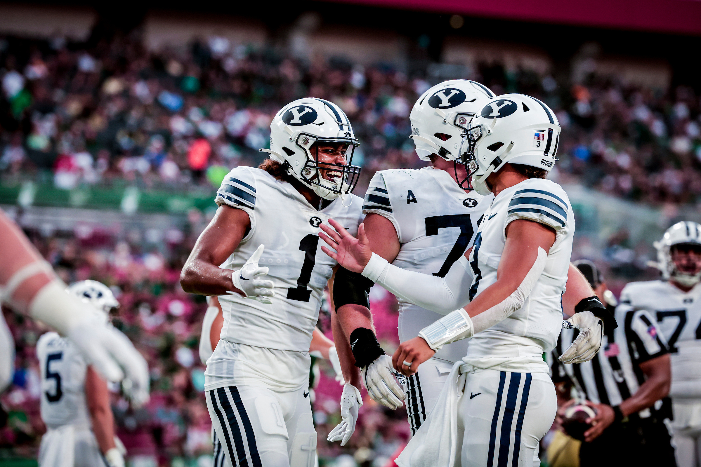 BYU wide receiver Keanu Hill celebrates a touchdown with quarterback Jaren Hall during the Cougars' game against South Florida, Saturday, Sept. 3, 2022 in Tampa, Fla.